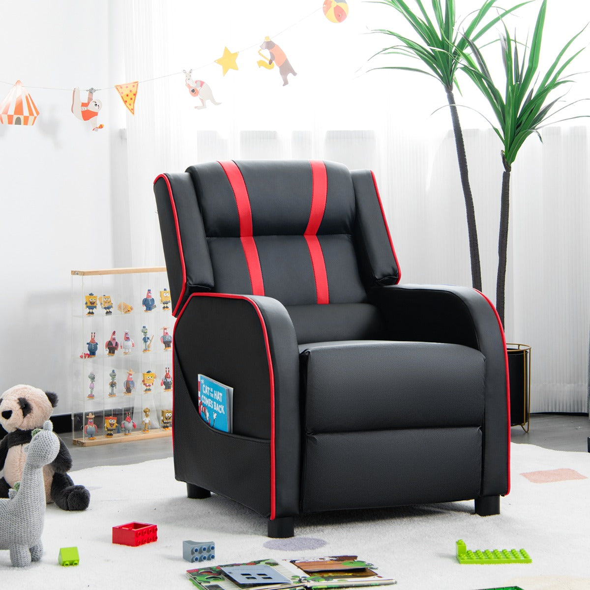 Kids Recliner Chair with Adjustable Backrest Footrest & Side Pockets-Pink