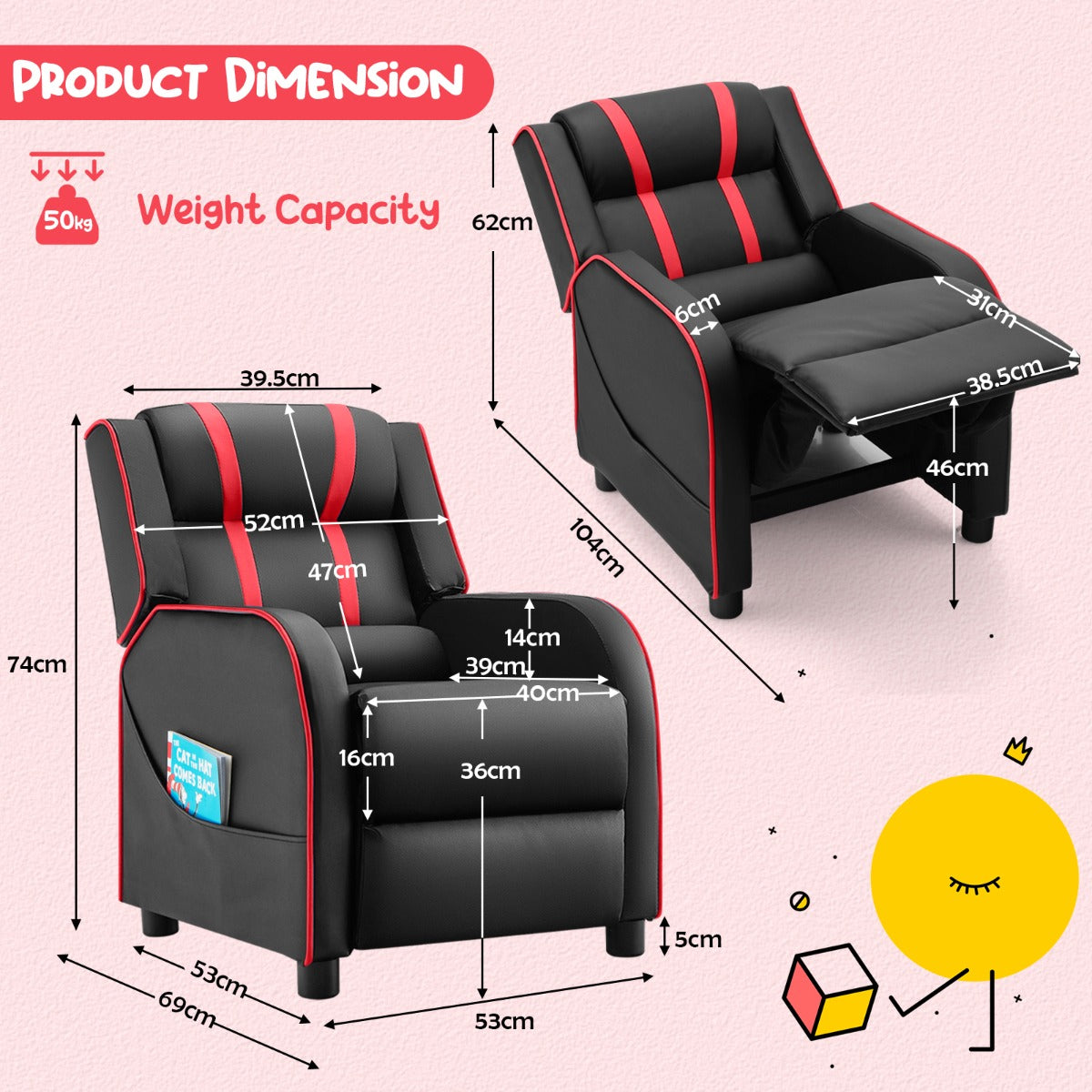 Kids Recliner Chair with Adjustable Backrest Footrest & Side Pockets-Pink