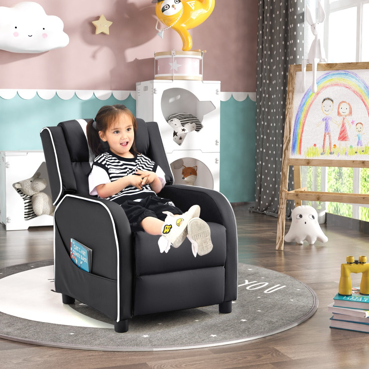 Kids Recliner Chair with Adjustable Backrest Footrest & Side Pockets-Pink