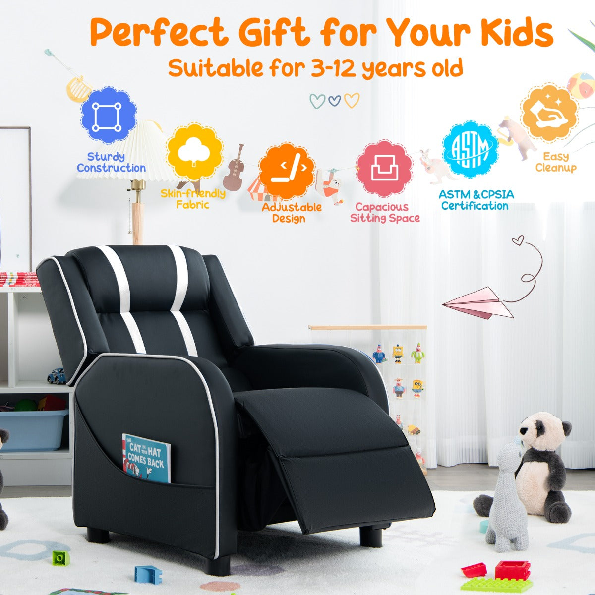 Kids Recliner Chair with Adjustable Backrest Footrest & Side Pockets-Pink