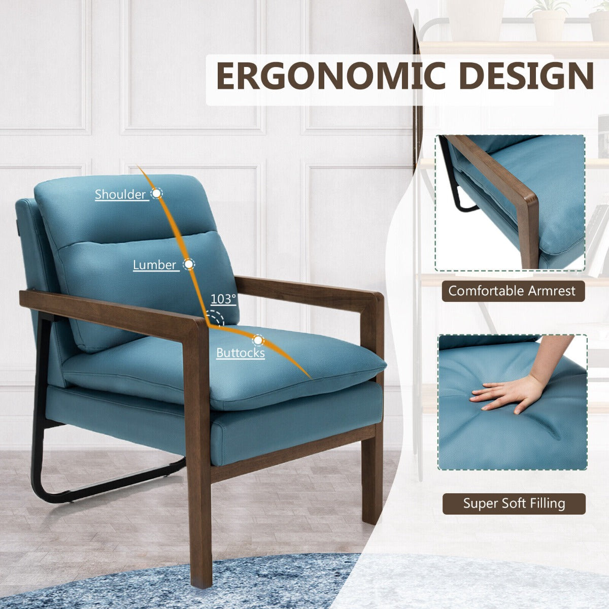 Accent Upholstered Armchair with Padded Backrest and Seat Cushion-Yellow
