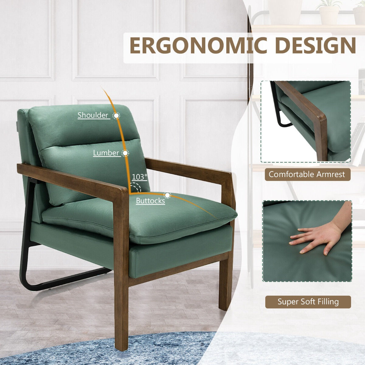 Accent Upholstered Armchair with Padded Backrest and Seat Cushion-Yellow