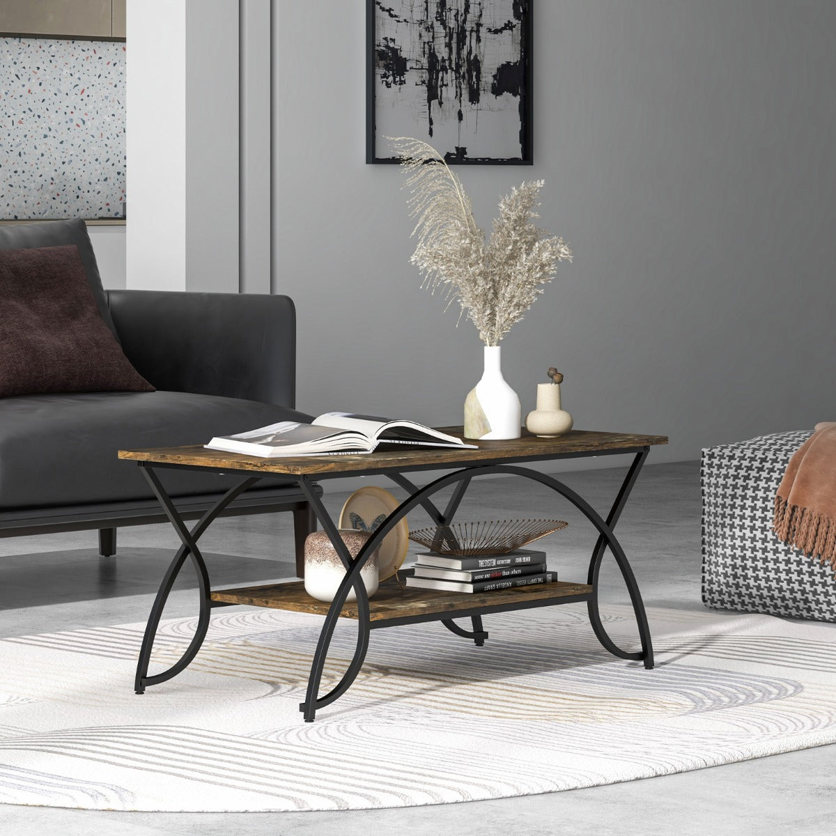 2-Tier Faux Marble Coffee Table with Golden Metal Frame-White