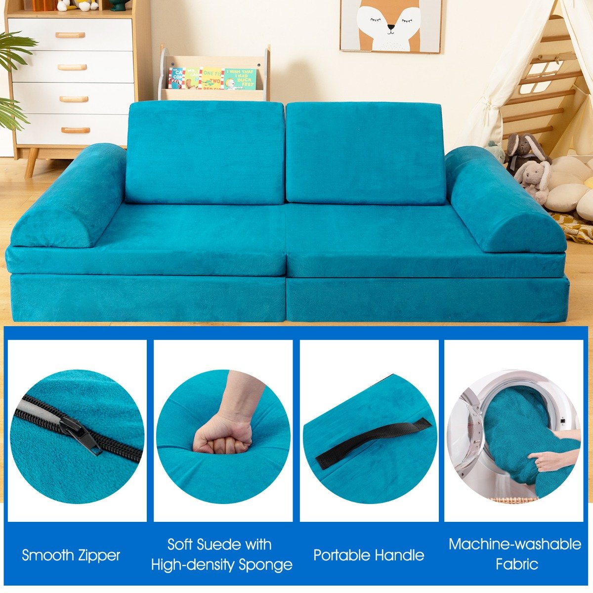 6 Pieces Modular Convertible  Kids Play Couch Sofa-Blue