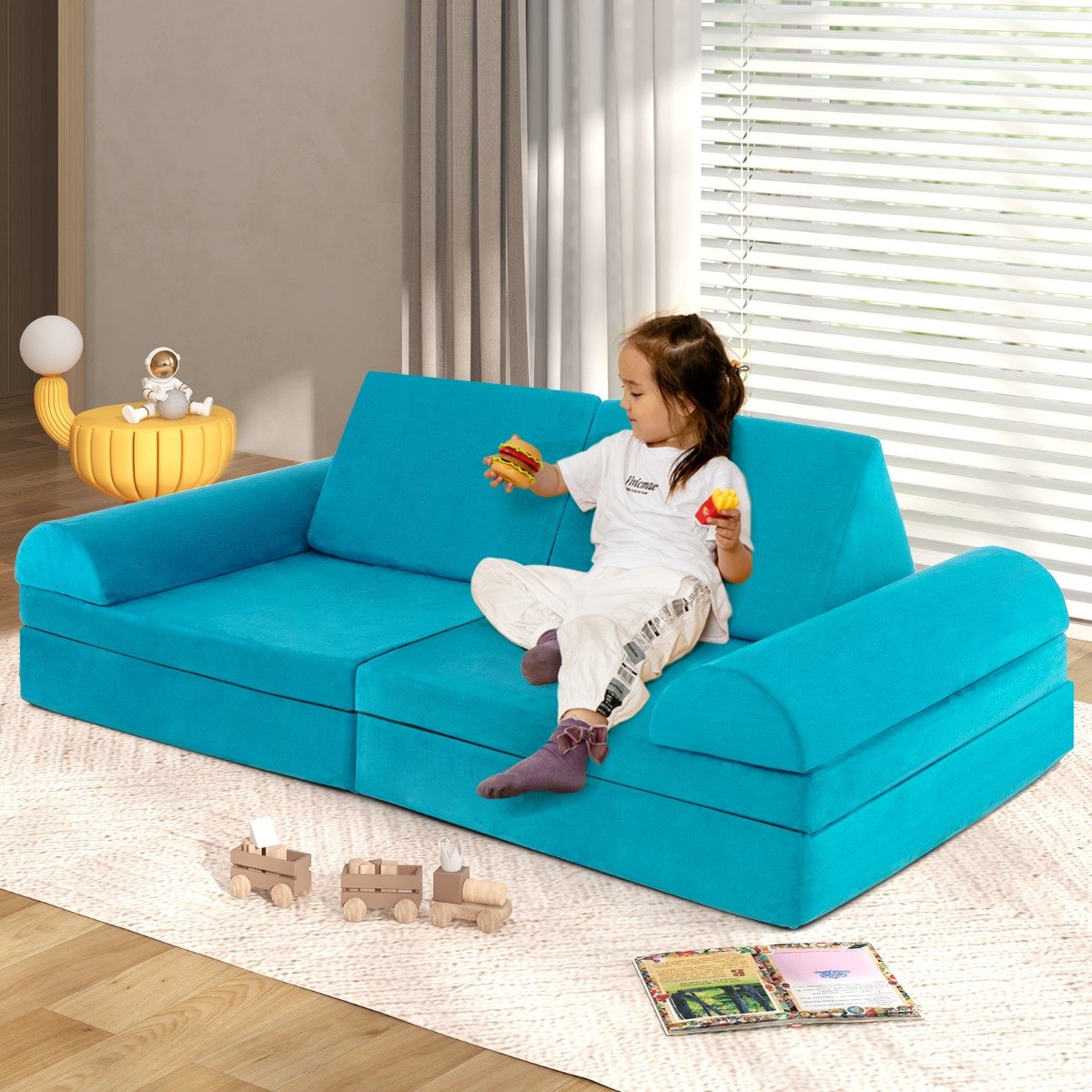 6 Pieces Modular Convertible  Kids Play Couch Sofa-Blue
