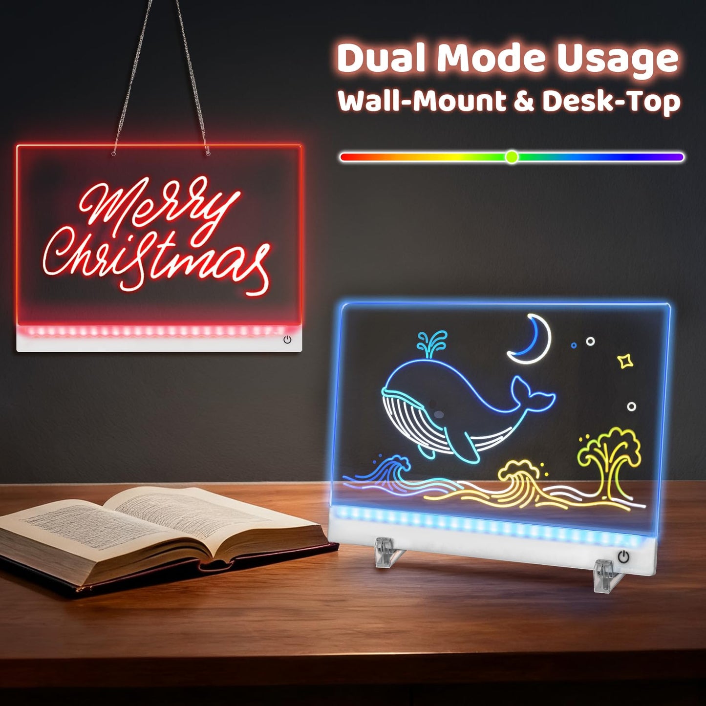 HVMVNV Rechargeable LED Drawing Board for Kids – 11.8 x 7.9 in, 7-Color Glow, 4 Modes, Includes Stands, Chain & Markers