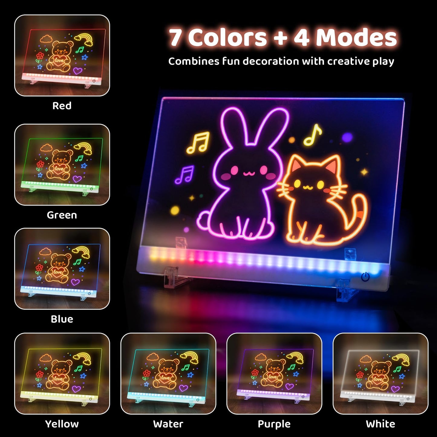 HVMVNV Rechargeable LED Drawing Board for Kids – 11.8 x 7.9 in, 7-Color Glow, 4 Modes, Includes Stands, Chain & Markers