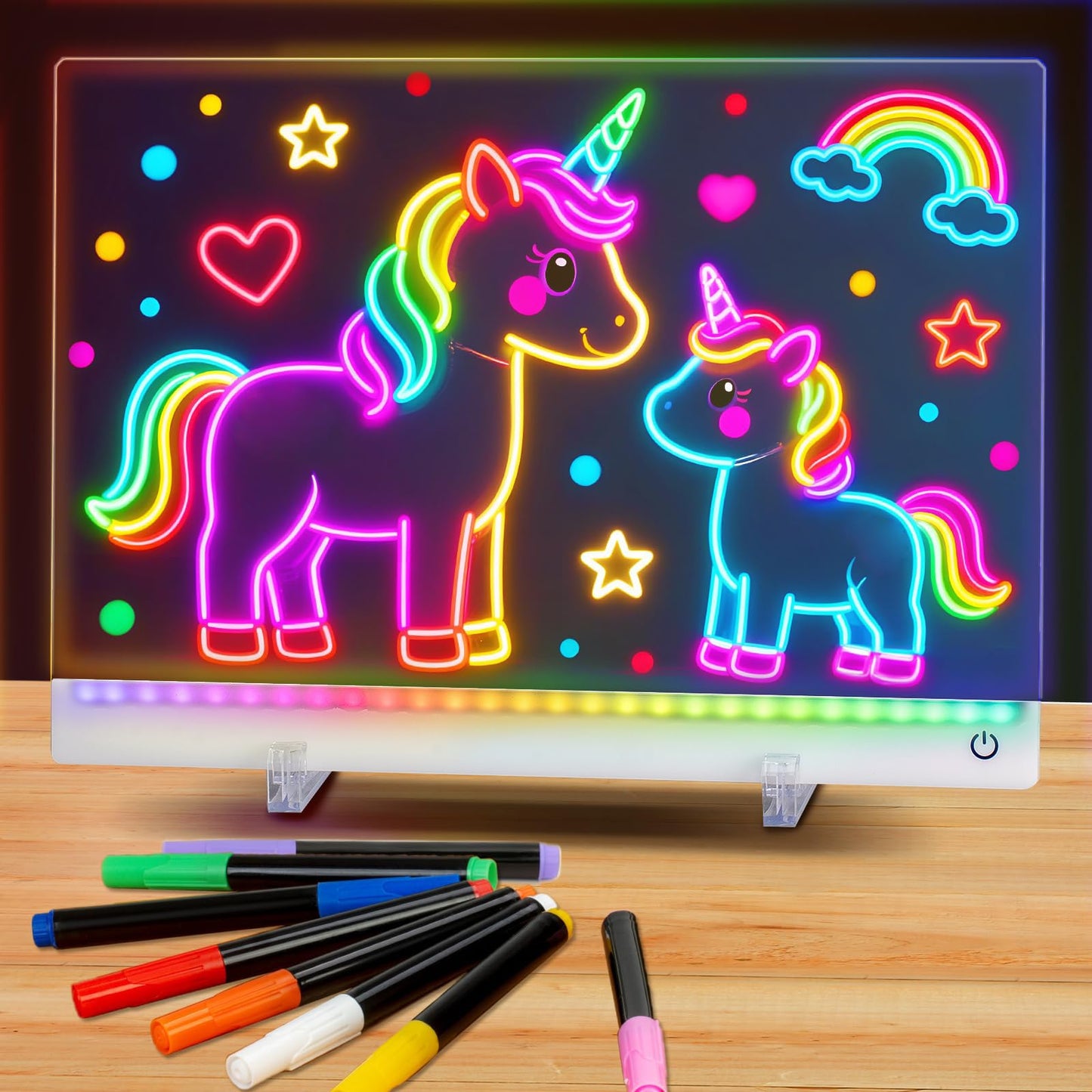 HVMVNV Rechargeable LED Drawing Board for Kids – 11.8 x 7.9 in, 7-Color Glow, 4 Modes, Includes Stands, Chain & Markers
