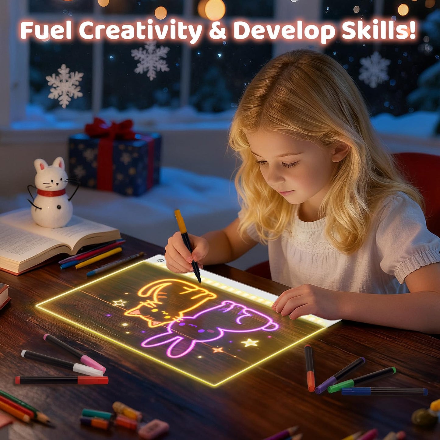 HVMVNV Rechargeable LED Drawing Board for Kids – 11.8 x 7.9 in, 7-Color Glow, 4 Modes, Includes Stands, Chain & Markers