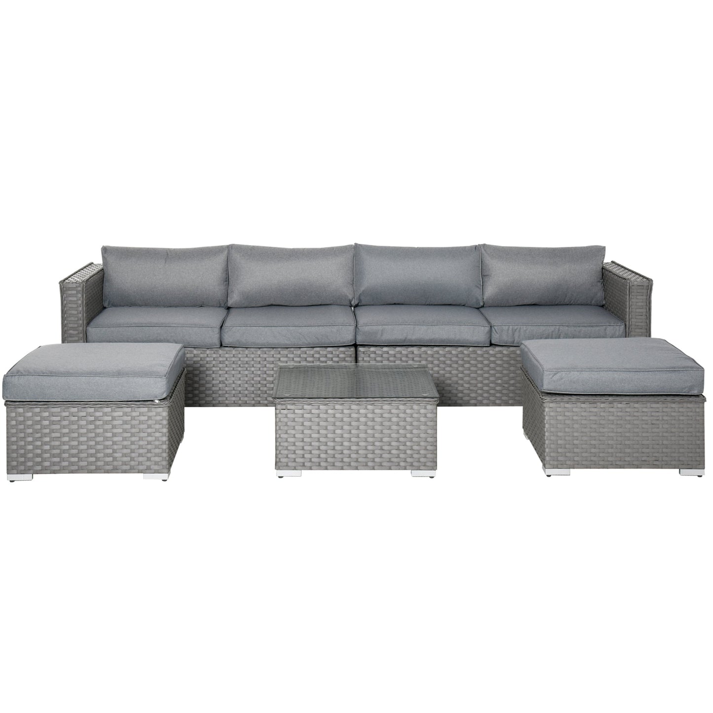 5 PCs Rattan Wicker Corner Sofa Set Tea Table Footstool & Cushion - Grey