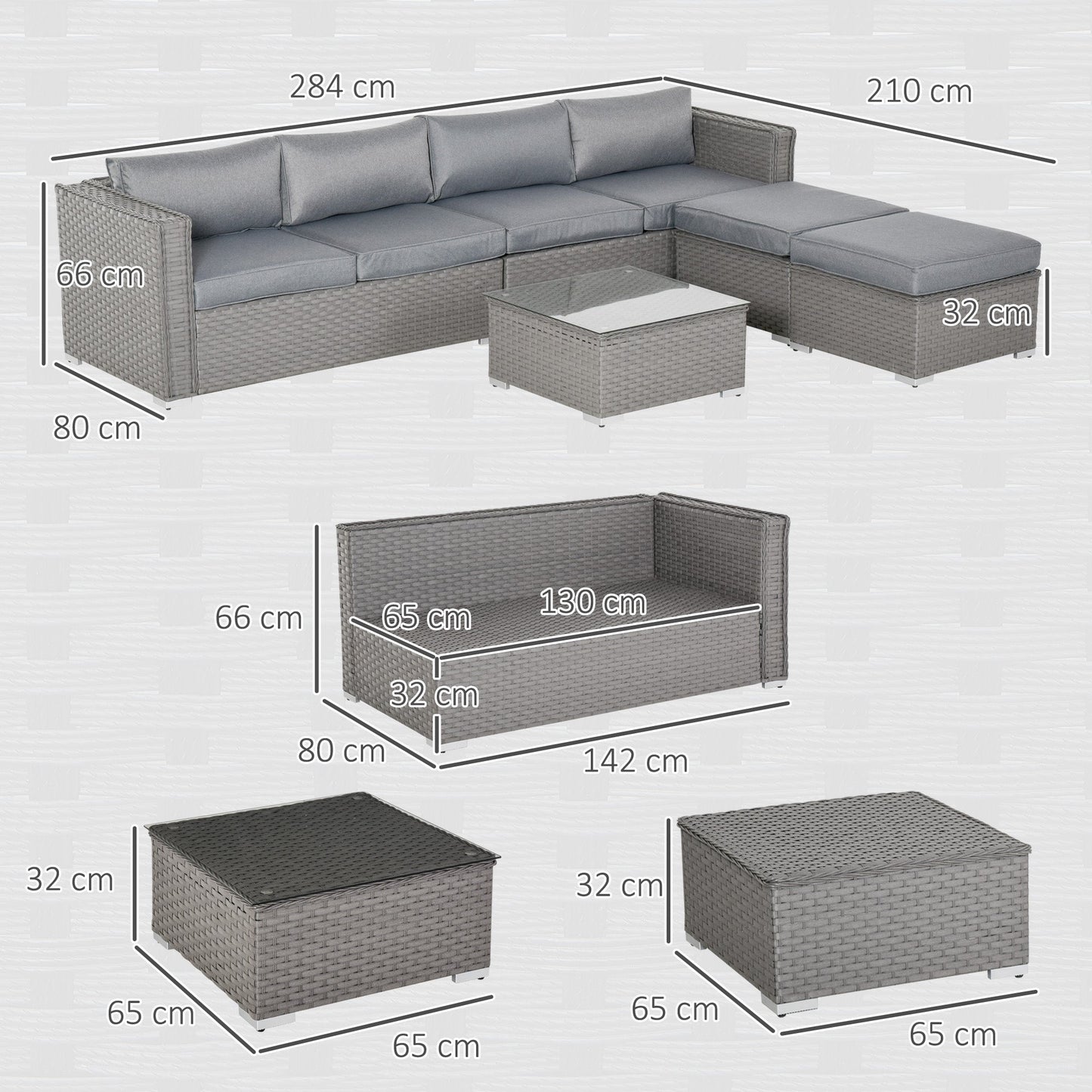 5 PCs Rattan Wicker Corner Sofa Set Tea Table Footstool & Cushion - Grey