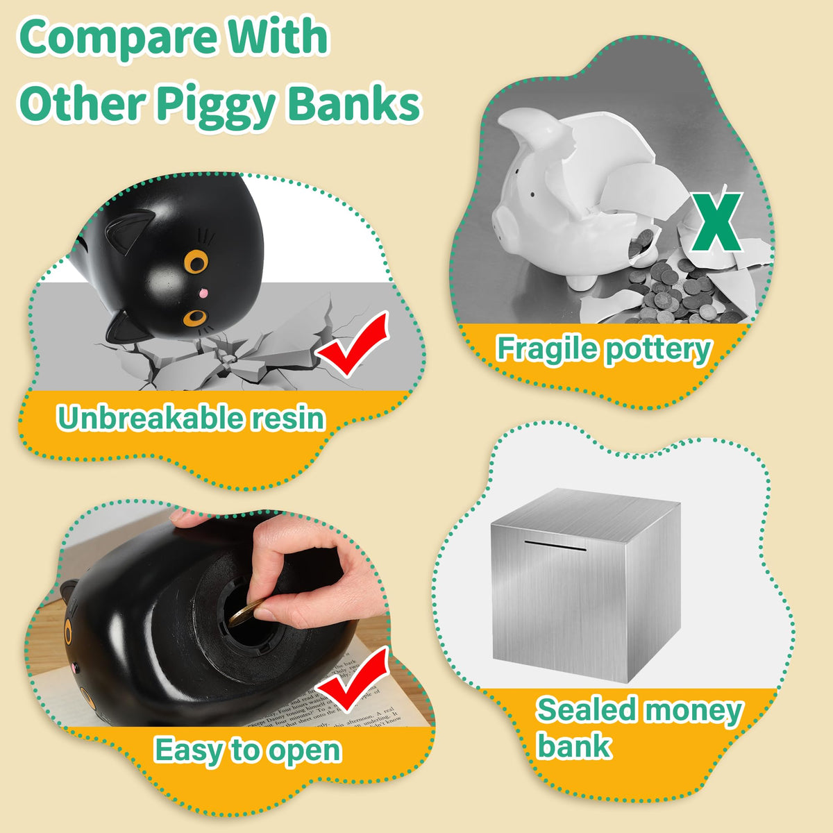 H&W Black Cat Piggy Bank for Girls | Durable Plastic Coin Bank