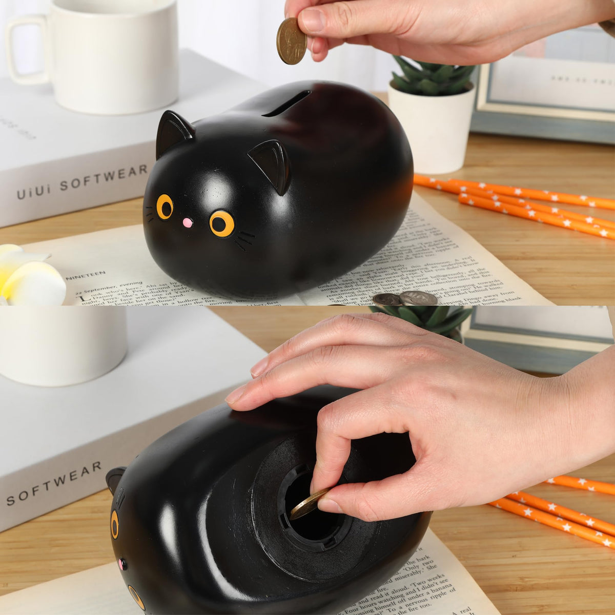 H&W Black Cat Piggy Bank for Girls | Durable Plastic Coin Bank