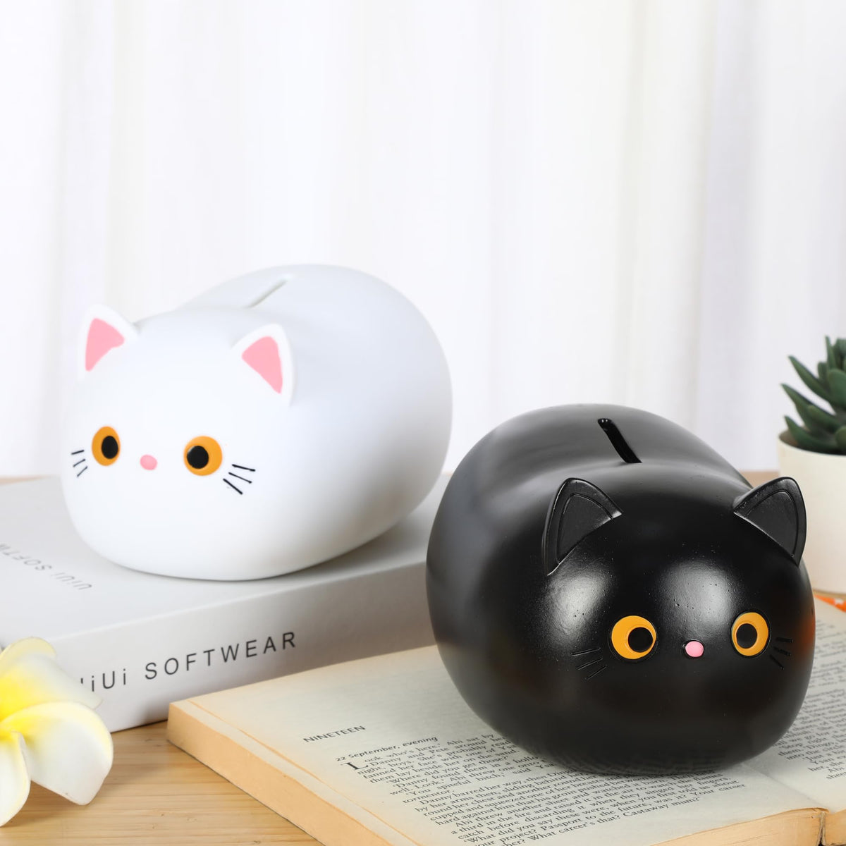 H&W Black Cat Piggy Bank for Girls | Durable Plastic Coin Bank