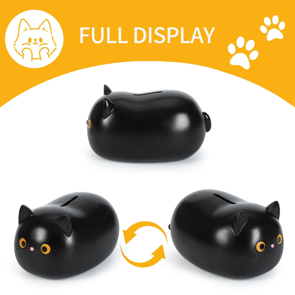 H&W Black Cat Piggy Bank for Girls | Durable Plastic Coin Bank