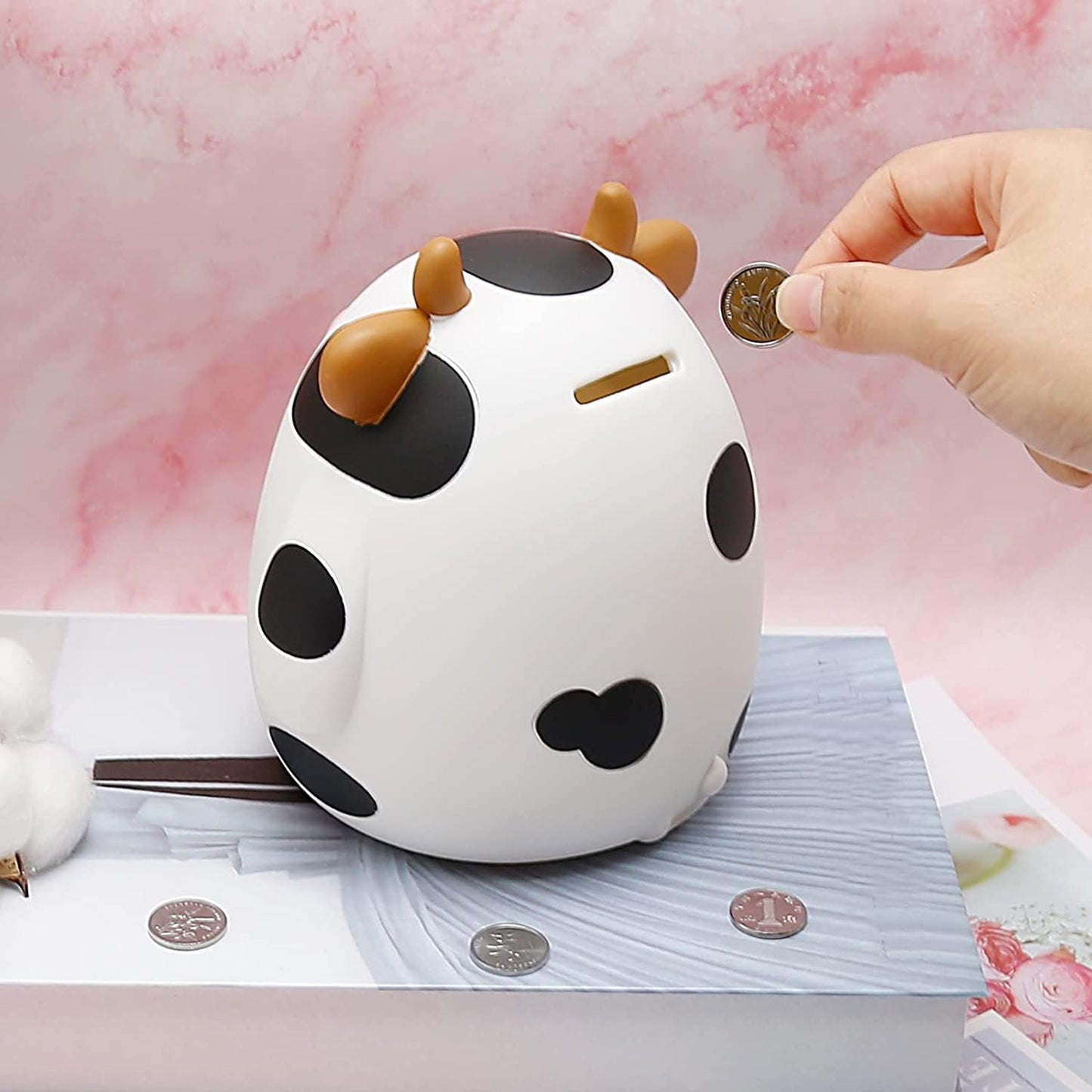 HW Cow Piggy Bank M Size – Unbreakable Kids Coin Box, White