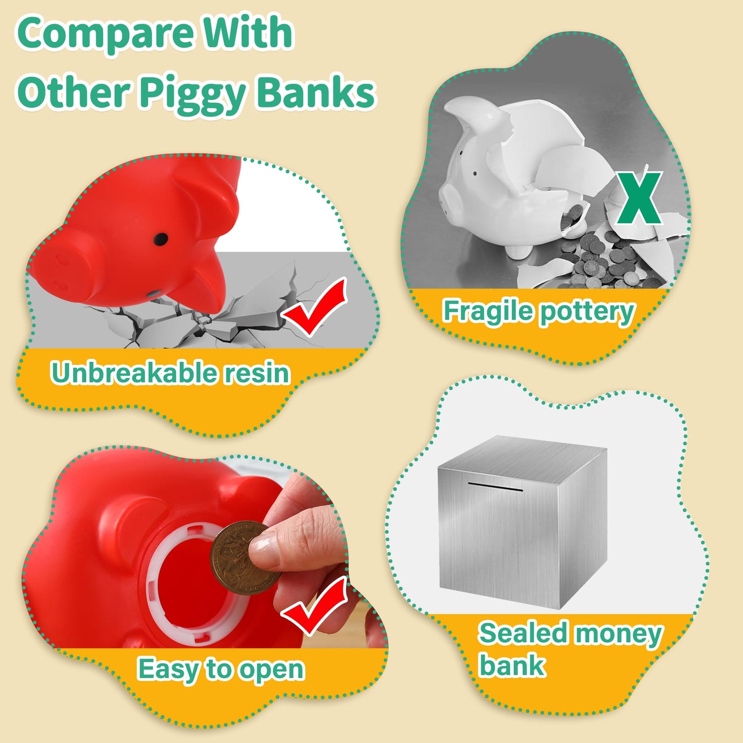 H&W Mini Piggy Bank – Unbreakable Plastic Coin Bank for Kids (Red)