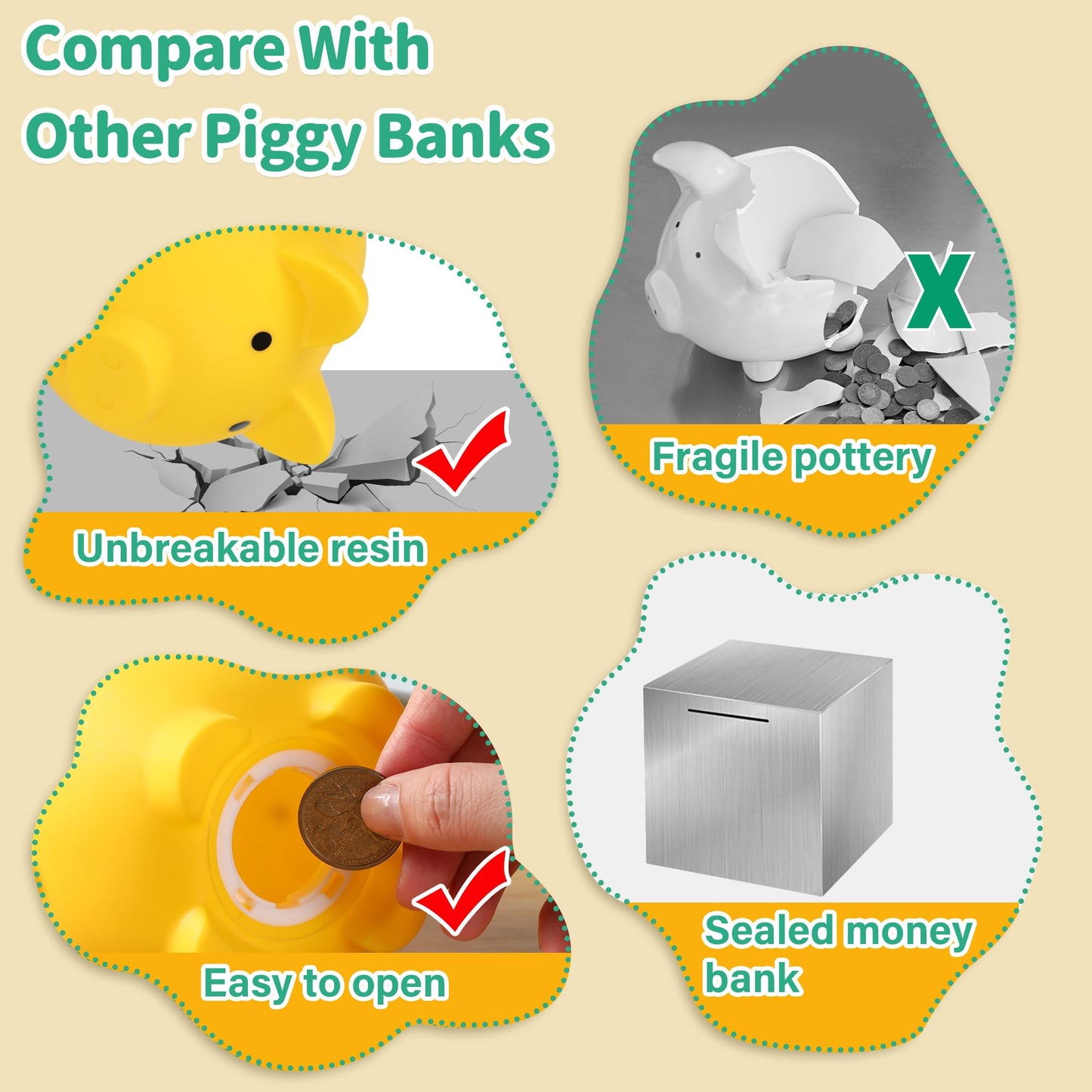 H&W Mini Piggy Bank – Unbreakable Plastic Coin Bank for Kids (Yellow)