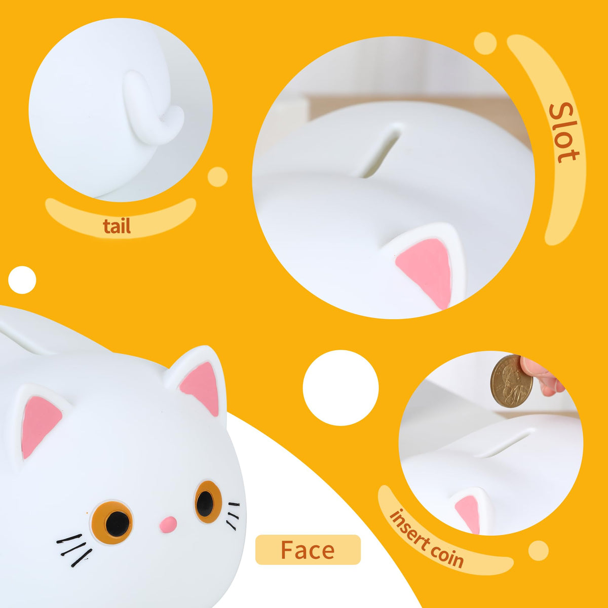 H&W White Cat Piggy Bank for Kids — Durable Plastic Coin Bank
