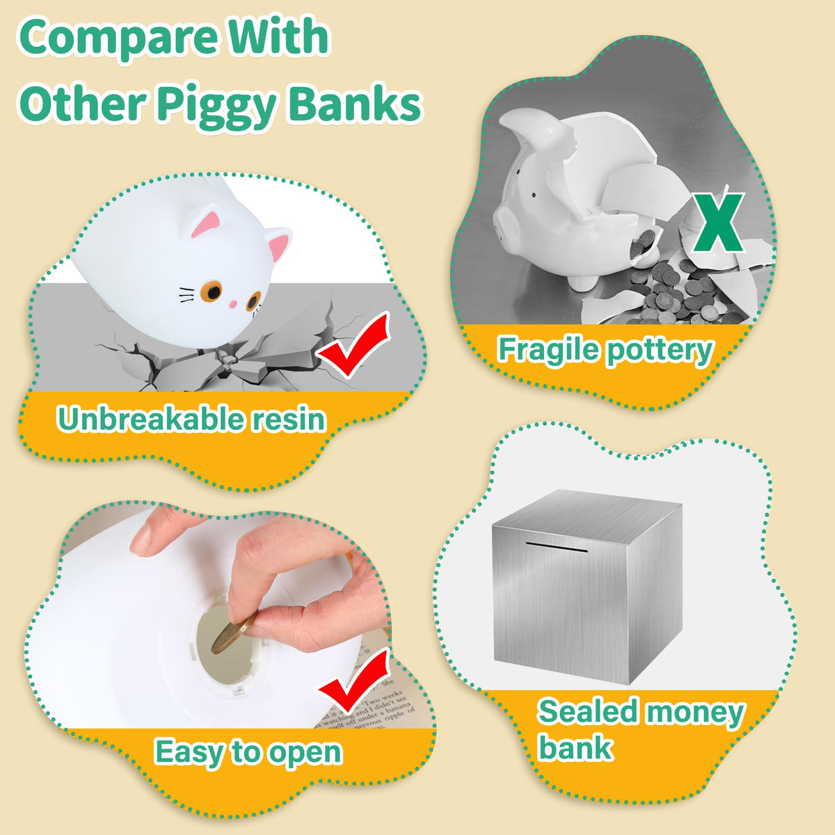 H&W White Cat Piggy Bank for Kids — Durable Plastic Coin Bank