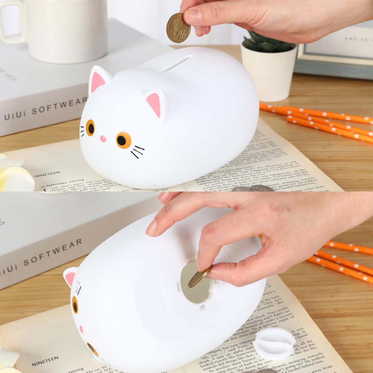 H&W White Cat Piggy Bank for Kids — Durable Plastic Coin Bank