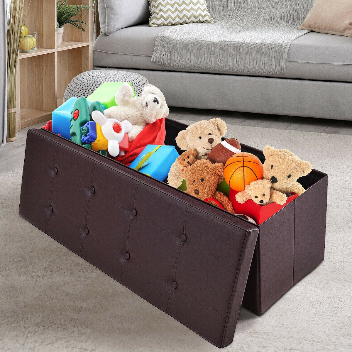 Folding Storage Ottoman Bench with Lid for Living Room-Black