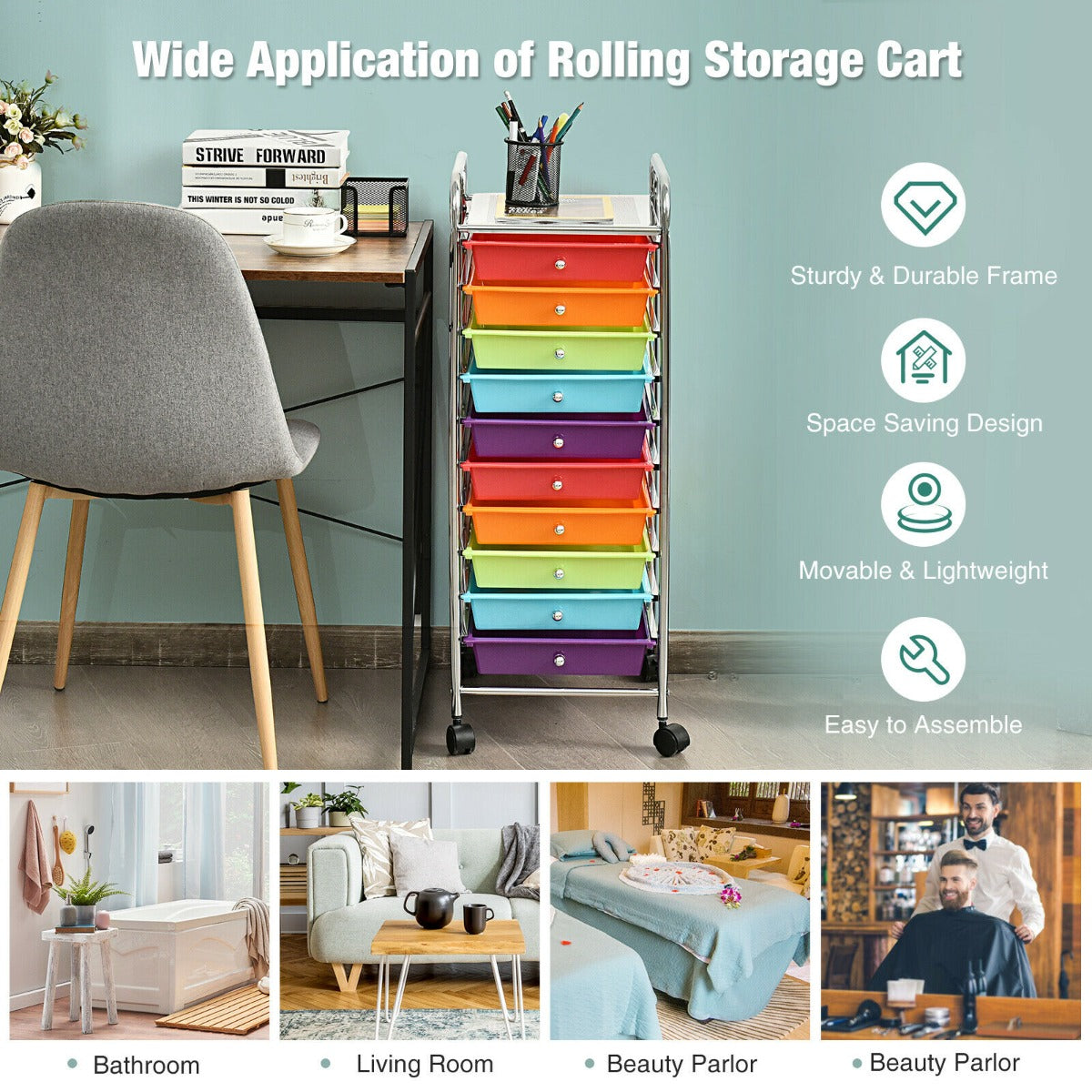 10 Drawers Mobile Storage Trolley with 4 Wheels for Beauty-Black