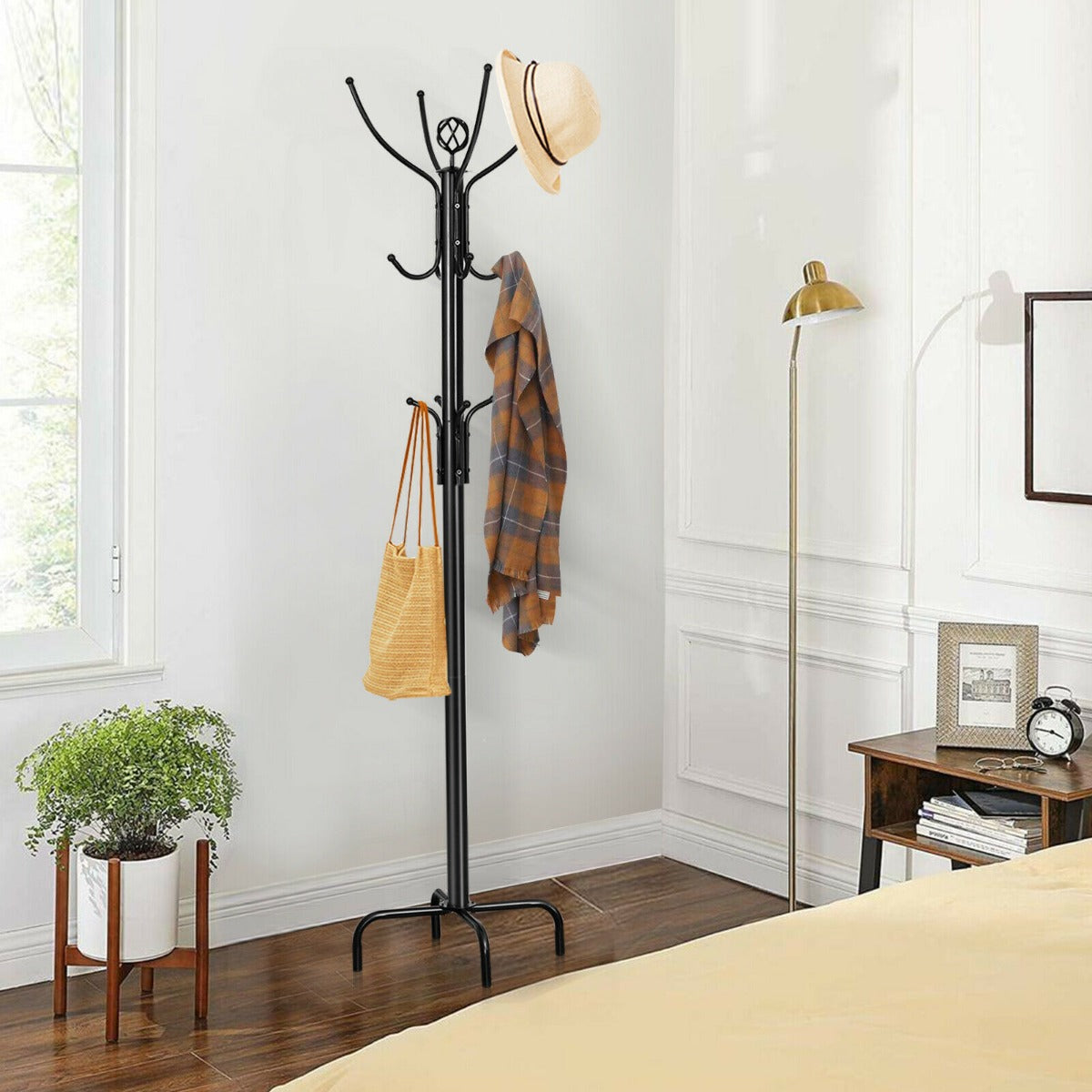 Modern Freestanding Metal Coat Stand with 12 Hooks for Bedroom Entryway-Triangular Base