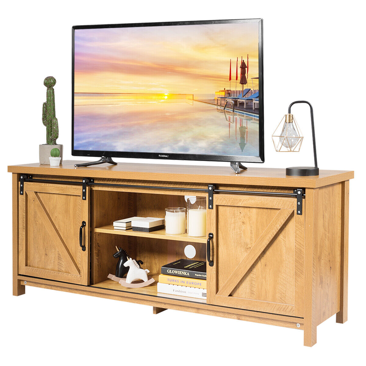 Modern TV Cabinet for 60-Inch TV Wooden Media Storage Shelves-Grey