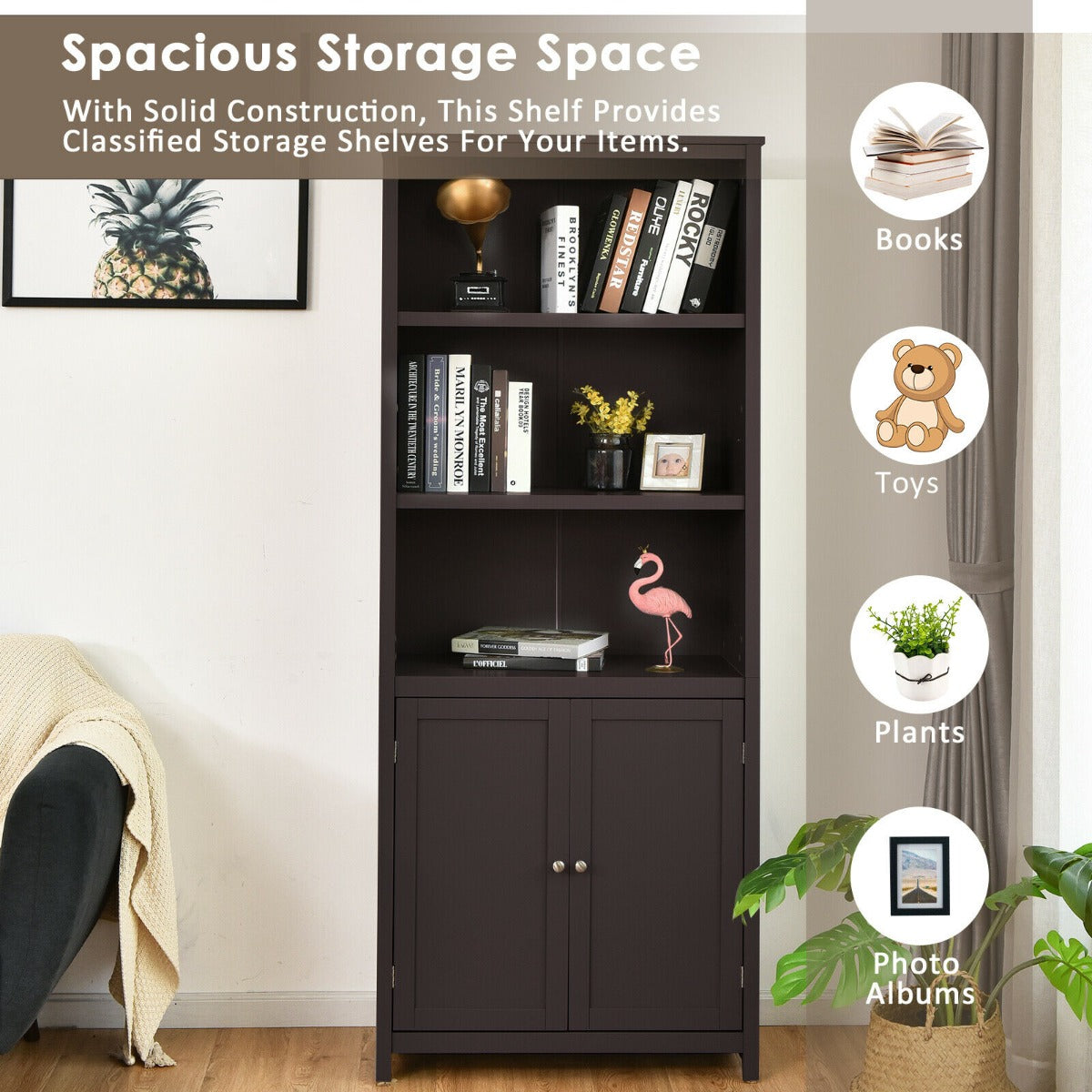 Wooden Tall Bookcase with 3-Tier Storage Cabinet-Grey