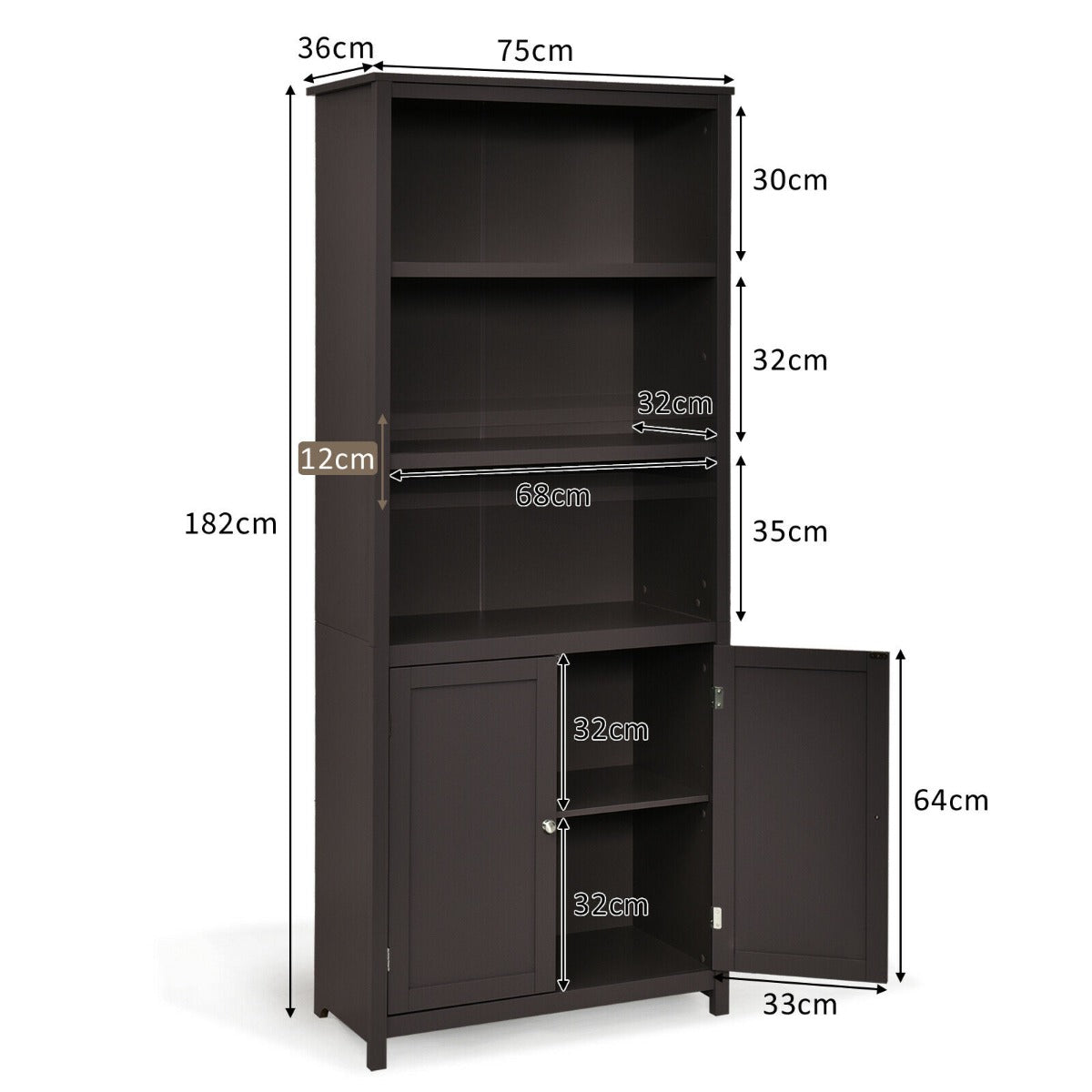 Wooden Tall Bookcase with 3-Tier Storage Cabinet-Grey