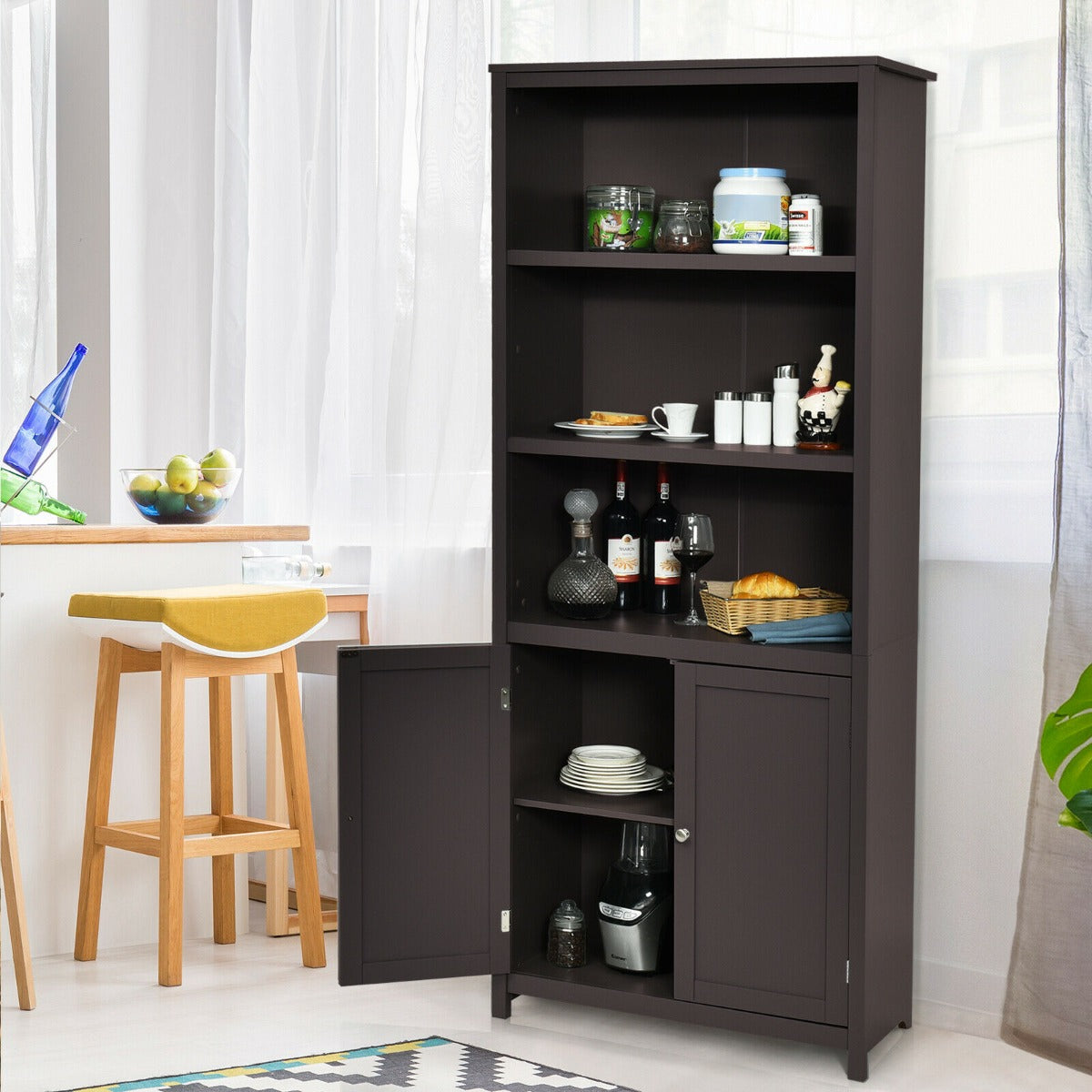 Wooden Tall Bookcase with 3-Tier Storage Cabinet-Grey