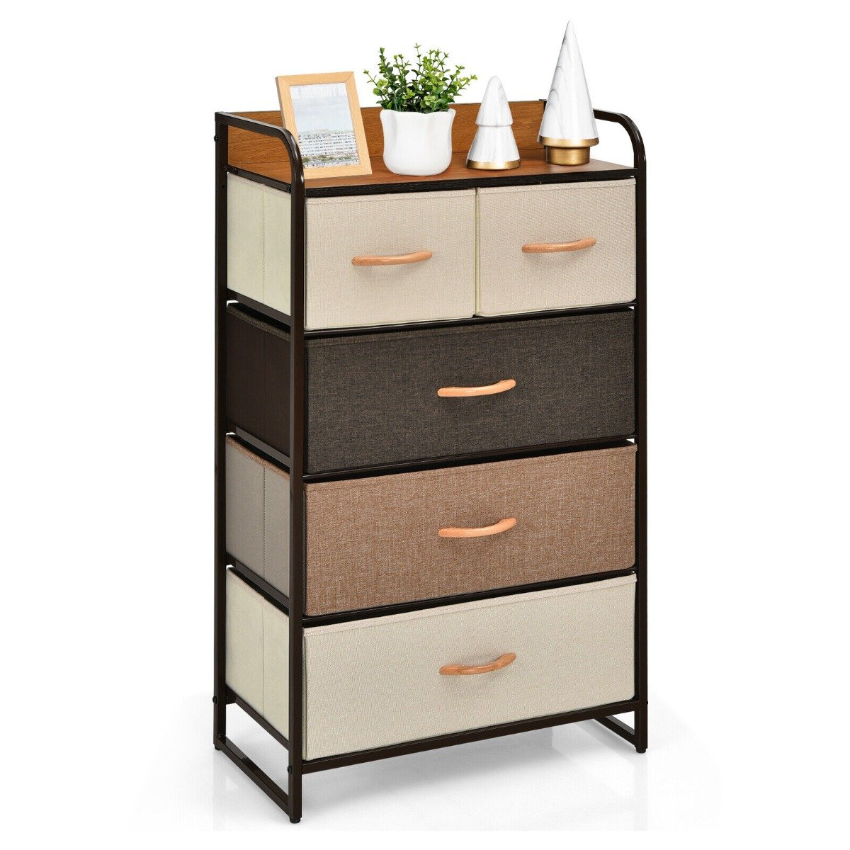 Vertical Dresser Storage Tower with Wooden Top and 5 Drawers-Grey