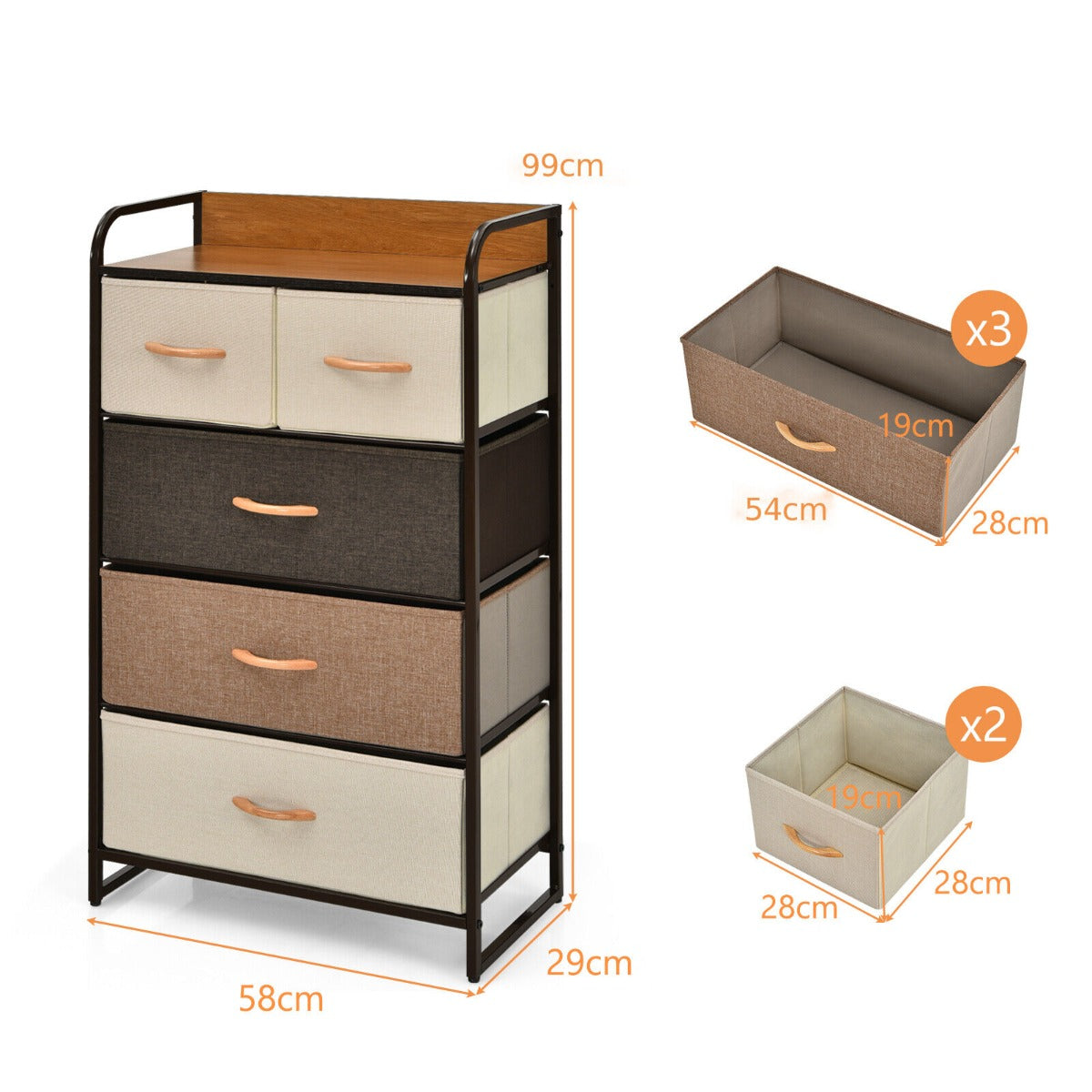 Vertical Dresser Storage Tower with Wooden Top and 5 Drawers-Grey