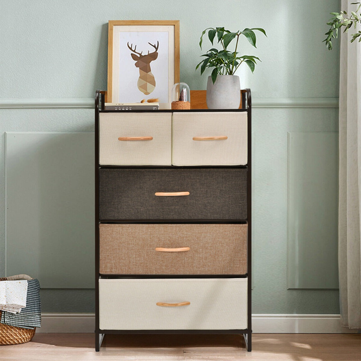 Vertical Dresser Storage Tower with Wooden Top and 5 Drawers-Grey