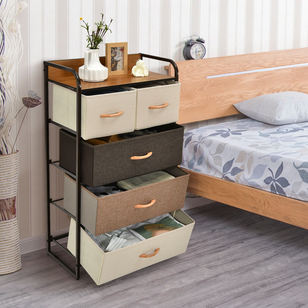 Vertical Dresser Storage Tower with Wooden Top and 5 Drawers-Grey