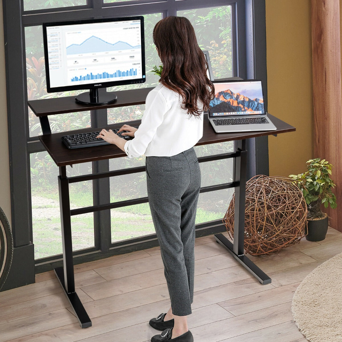 2-Tier Height Adjustable Standing Desk with Crank Handle-Black