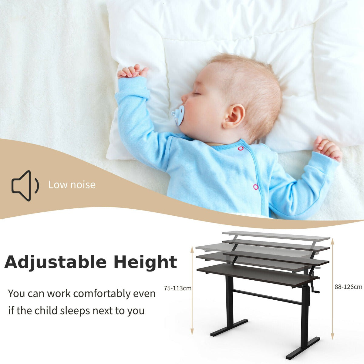 2-Tier Height Adjustable Standing Desk with Crank Handle-Black