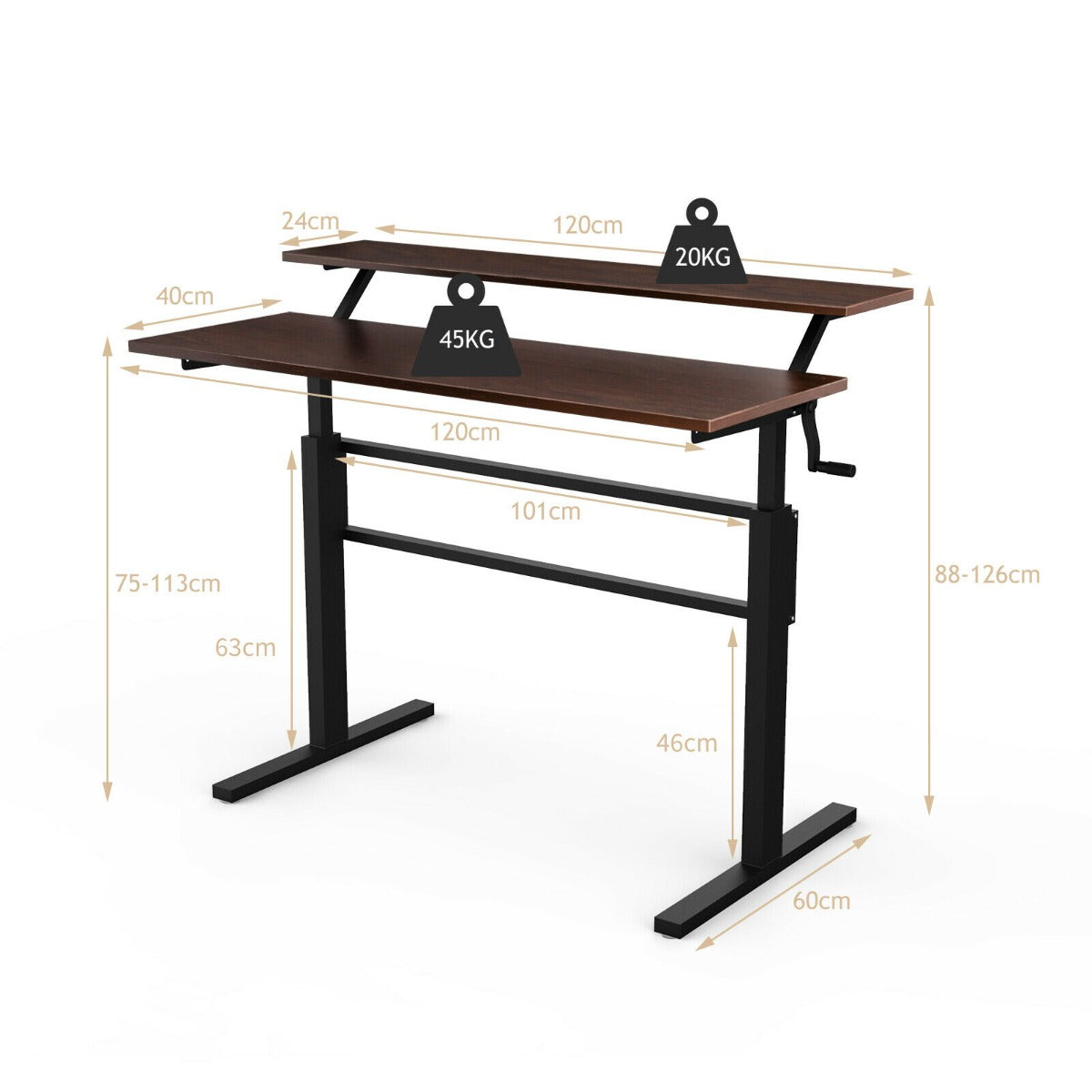 2-Tier Height Adjustable Standing Desk with Crank Handle-Black