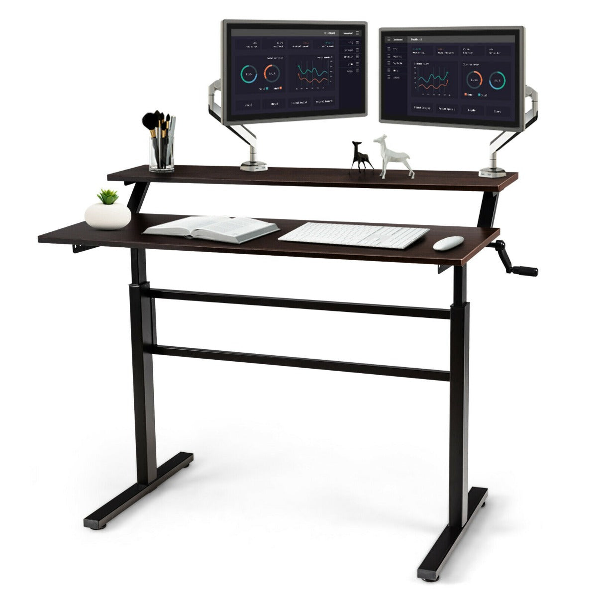 2-Tier Height Adjustable Standing Desk with Crank Handle-Black