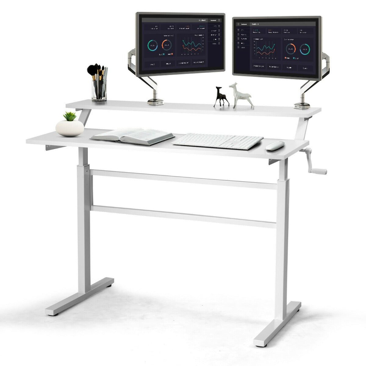 2-Tier Height Adjustable Standing Desk with Crank Handle-Black