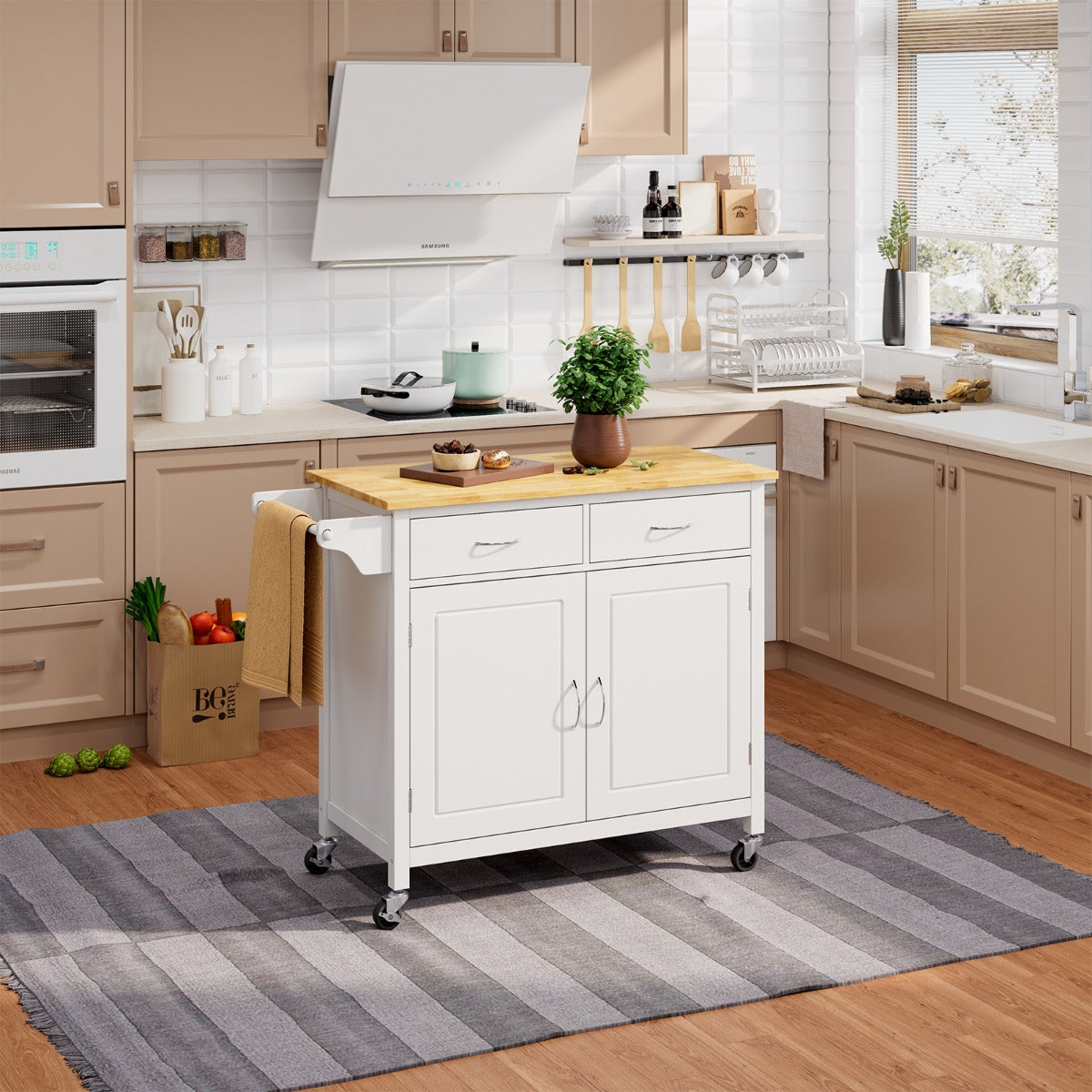 Rolling Kitchen Island Cart Utility Serving Cart with Drawers-Brwon