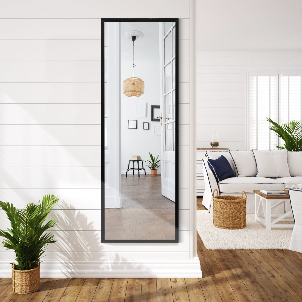 Full Length Wall-Mounted Mirror with Height Adjusting Hooks-White