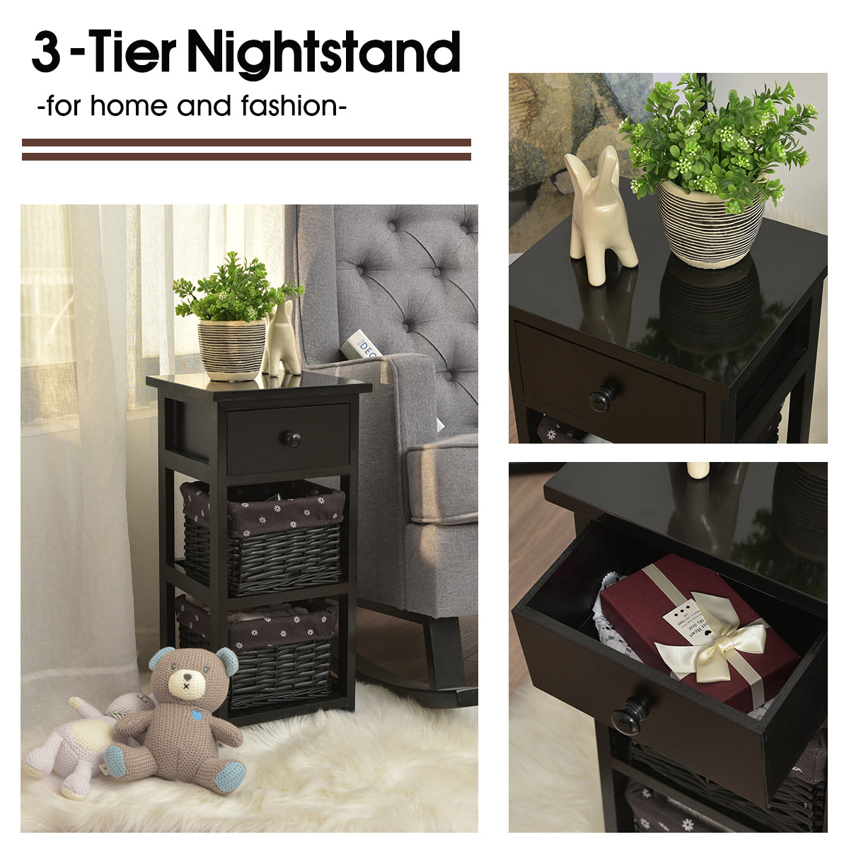 Bedside Table Made of Paulownia Wood in Country House Style-White-1 Piece