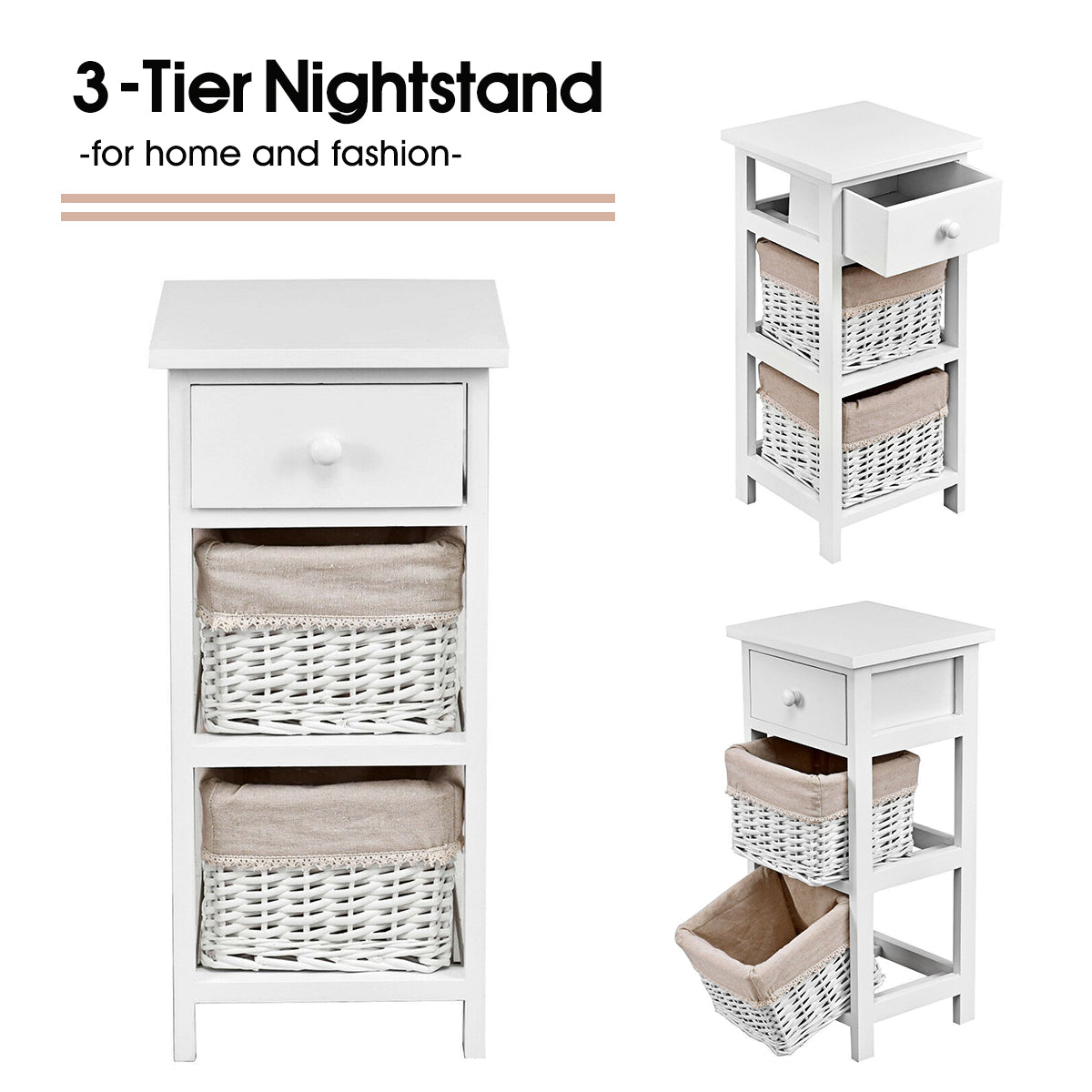 Bedside Table Made of Paulownia Wood in Country House Style-White-1 Piece