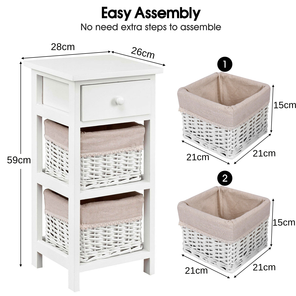 Bedside Table Made of Paulownia Wood in Country House Style-White-1 Piece