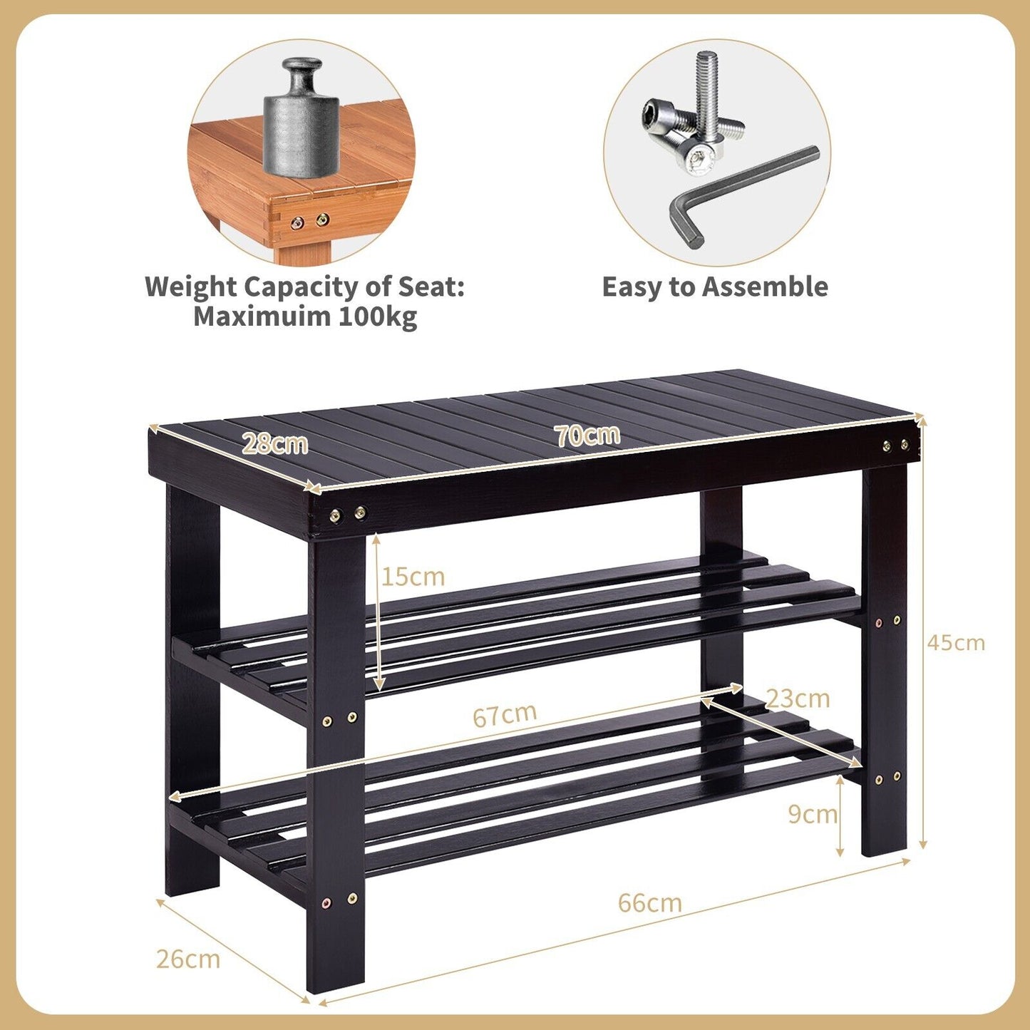 3-Tier Bamboo Shoe Bench for Entryway-Natural