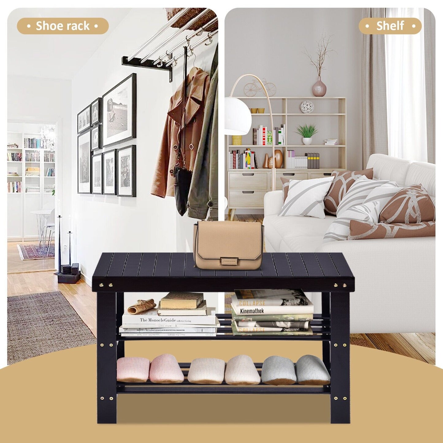 3-Tier Bamboo Shoe Bench for Entryway-Natural