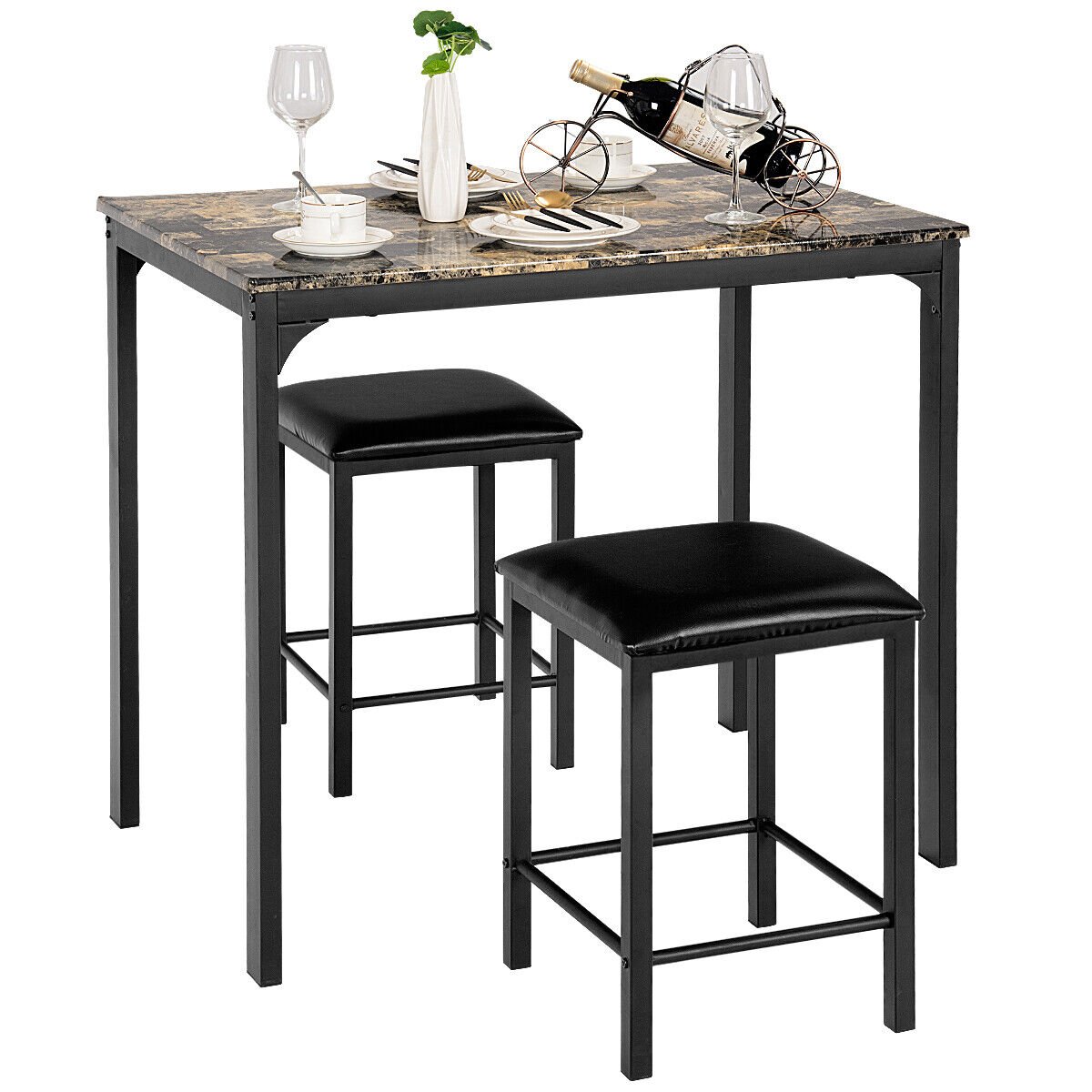 3 Piece Dining Table Set with 2 Faux Leather Backless Stools-Black