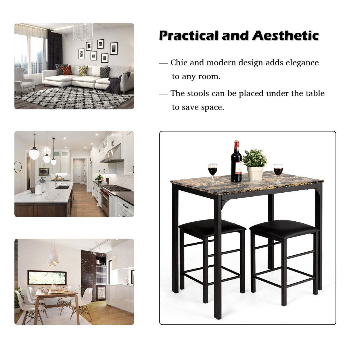 3 Piece Dining Table Set with 2 Faux Leather Backless Stools-Black